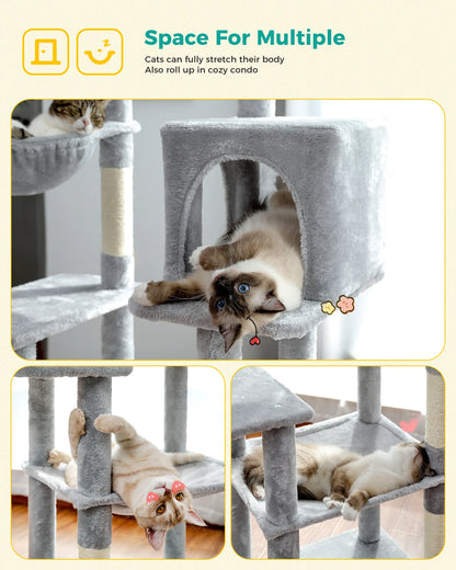 Cat Tree Plush Cat Tower Multilevel Cat Play House with Sisal Scratching Posts, Spacious Hammock and Large Condos Upgrade