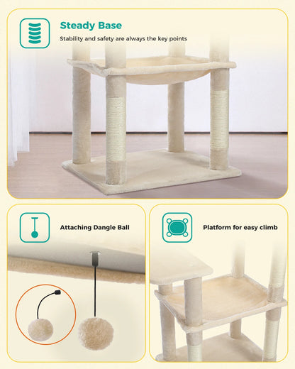 Cat Tree Plush Cat Tower Multilevel Cat Play House with Sisal Scratching Posts, Spacious Hammock and Large Condos Upgrade